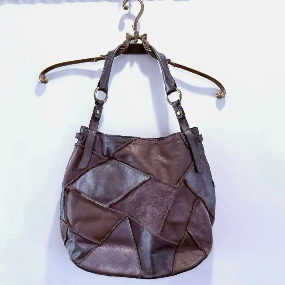Lucky Brand Leather Suede Patch Silver Pewter Bronze Brown Shoulder Bag Hobo